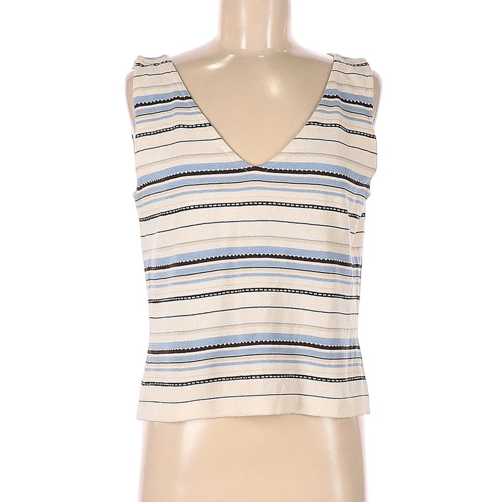 St. John Ivory Striped Print Santana Knit Sleeveless Top, M